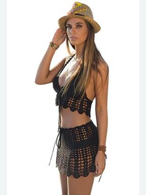 Boho Black Crochet Skirt Set